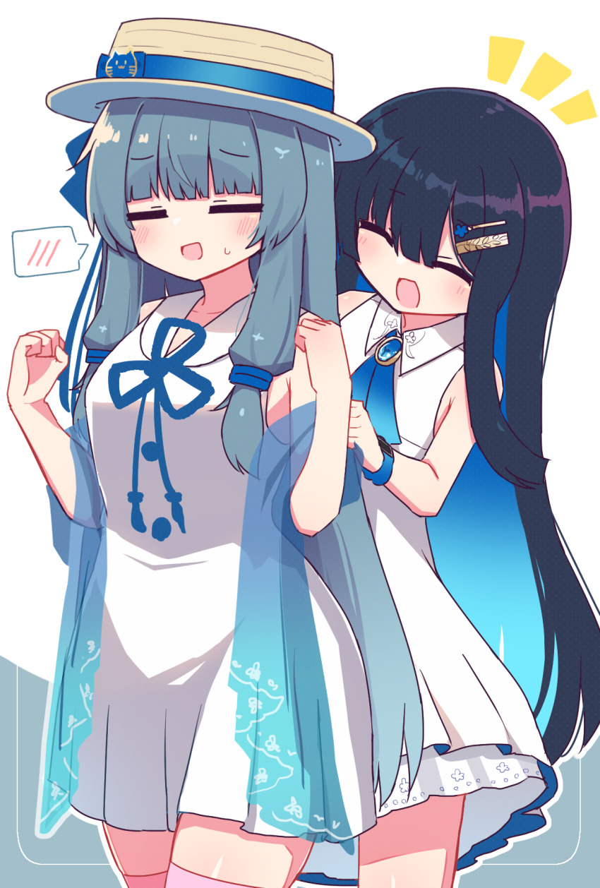 2girls ascot behind_another black_hair blue_hair blue_ribbon blunt_bangs blush brown_hat cevio closed_eyes collarbone colored_inner_hair commentary cowboy_shot dated_commentary dress futaba_minato hair_ornament hair_ribbon hairclip hands_up hat hat_ribbon hibino_000 highres kotonoha_aoi long_hair multicolored_hair multiple_girls notice_lines open_mouth pink_thighhighs ribbon sailor_collar short_dress sidelocks sleeveless sleeveless_dress spoken_blush sweatdrop thighhighs voiceroid white_dress white_sailor_collar yellow_ascot