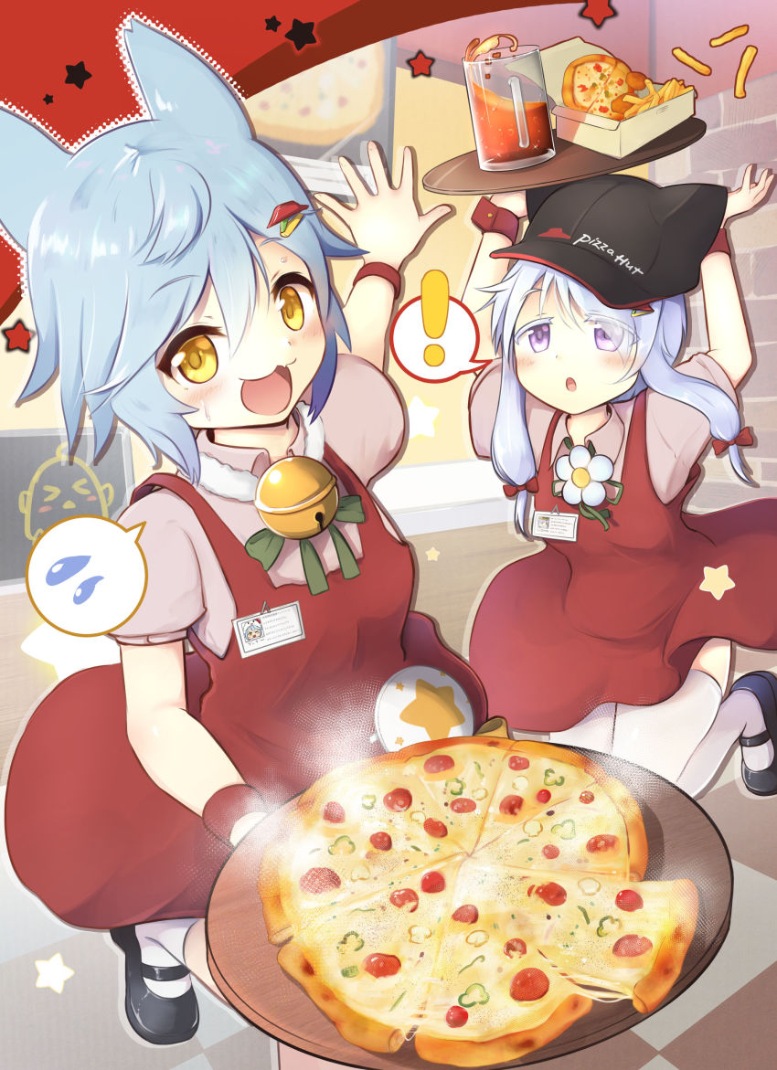! 2girls :3 :d :o absurdres animal_ears azur_lane beige_shirt bell black_footwear black_headwear blue_hair blush cola collared_shirt commentary_request cowboy_shot cup dress drink drinking_glass fang flower food fox_ears french_fries fubuki_(azur_lane) fubuki_(stormy_waitress-in-training!)_(azur_lane) hair_between_eyes hair_ornament hairclip hat highres holding holding_tray indoors jingle_bell kneehighs long_hair looking_at_viewer looking_up manjuu_(azur_lane) multiple_girls nekonetoru_take official_alternate_costume open_mouth pepperoni pizza pizza_hut purple_eyes red_dress restaurant shirt shoes short_hair short_sleeves sidelocks silver_hair smile socks spoken_exclamation_mark spoken_sweatdrop standing standing_on_one_leg sweat sweatdrop thighhighs tray twintails uranami_(azur_lane) white_legwear wrist_cuffs yellow_eyes zettai_ryouiki