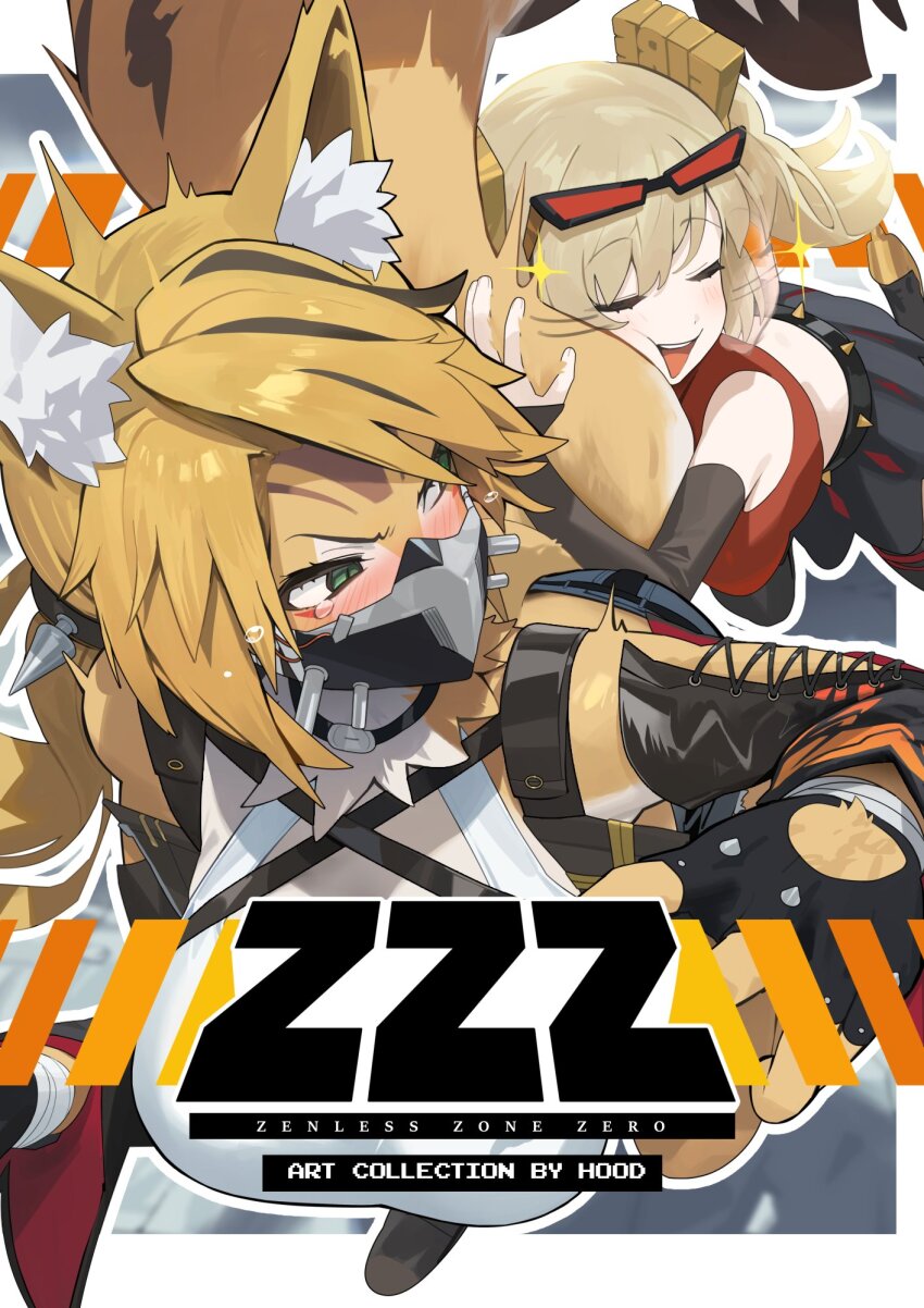 2girls animal_ear_fluff animal_ears black_choker black_gloves black_jacket black_mask black_skirt blonde_hair blush body_fur burnice_white cat_ears cat_girl cat_tail choker closed_eyes copyright_logo cropped_jacket fingerless_gloves furry furry_female furry_with_non-furry gloves green_eyes highres hood_(james_x) hugging_ass interspecies jacket logo looking_to_the_side multiple_girls open_mouth parted_bangs pulchra_fellini red_tube_top shirt skirt strapless tail tube_top white_shirt yellow_fur yuri zenless_zone_zero