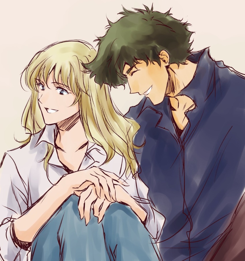 1boy 1girl blonde_hair blue_eyes closed_eyes couple cowboy_bebop curly_hair green_hair highres julia_(cowboy_bebop) spike_spiegel tobalin