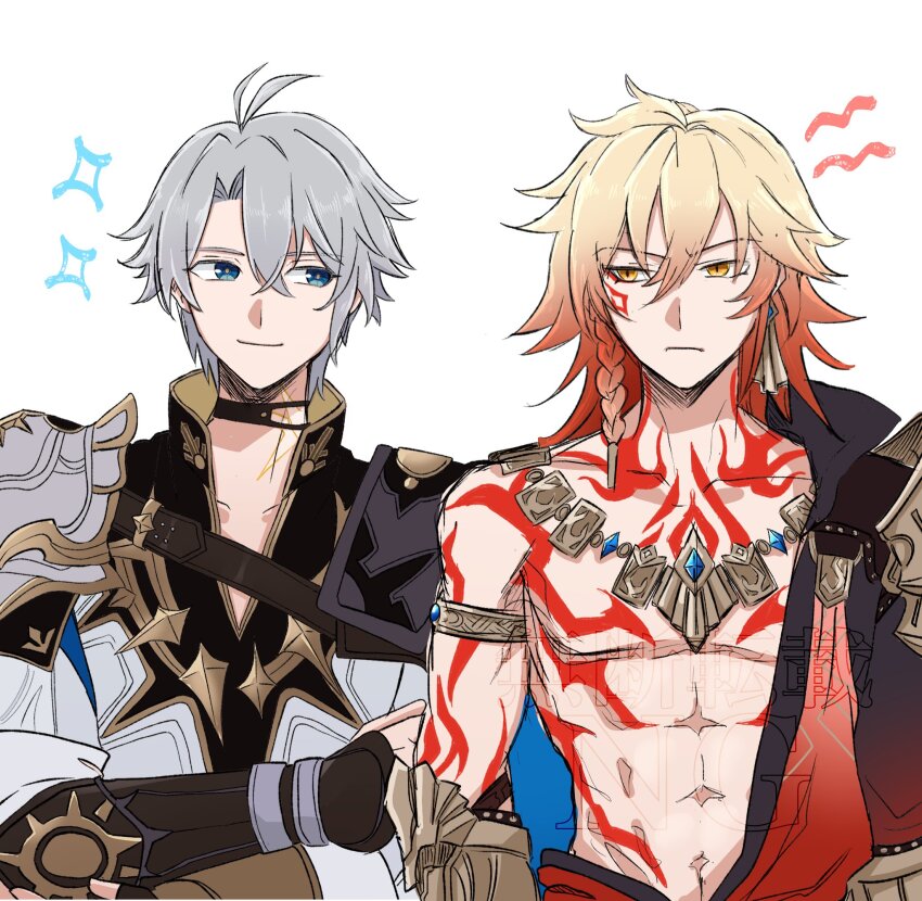 2boys arm_tattoo armlet armor armored_gloves belt_collar blonde_hair blue_eyes blue_hair braid chest_tattoo choker coat collar collared_shirt facial_tattoo frown gloves gold_armlet hagetanabe highres honkai:_star_rail honkai_(series) jewelry looking_to_the_side male_focus multiple_boys mydei_(honkai:_star_rail) neck_tattoo open_clothes open_coat orange_eyes pauldrons phainon_(honkai:_star_rail) red_tattoo shirt shoulder_armor side_braid single_pauldron smile sparkle tattoo