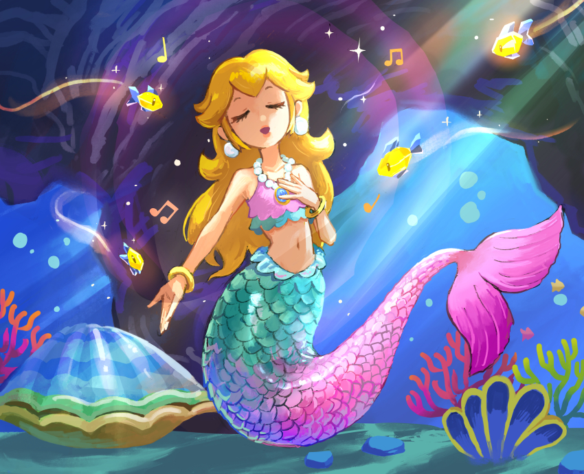1girl absurdres blonde_hair bracelet brooch clam_shell closed_eyes coral crop_top earrings fish highres jewelry long_hair mario_(series) mermaid mermaid_peach monster_girl musical_note navel necklace nintendo official_alternate_costume open_mouth pearl_necklace pink_shirt princess_peach princess_peach:_showtime! shirt sphere_earrings underwater ya_mari_6363