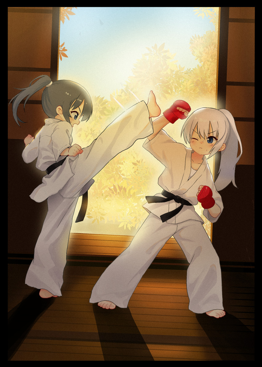 2girls absurdres barefoot belt black_belt black_hair boxing_gloves chinese_commentary commentary_request dougi frown gloves high_kick high_ponytail highres indoors karate kicking kuma-bound martial_arts_belt multiple_girls one_eye_closed original pants ponytail red_gloves standing sweat toes v-shaped_eyebrows white_hair white_pants