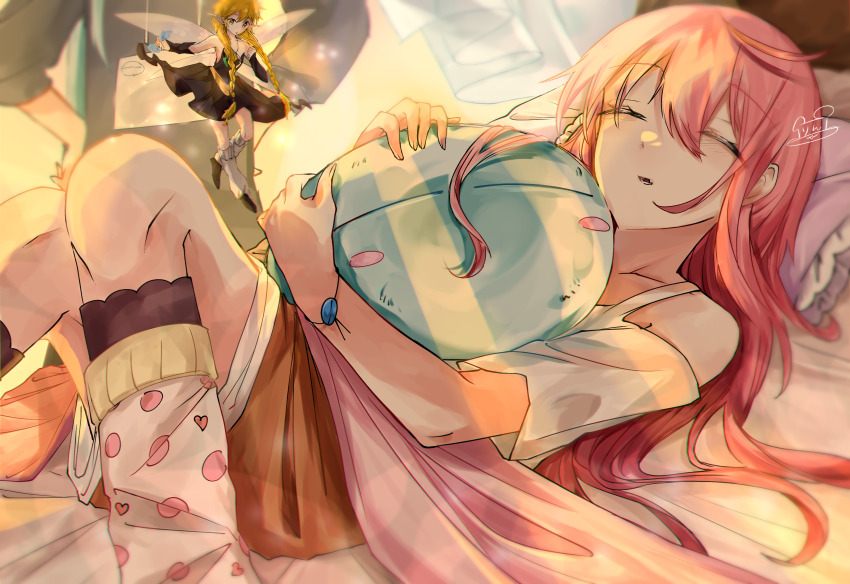 2girls 2others :o =_= absurdres arm_warmers bare_shoulders black_dress black_footwear blonde_hair blurry blurry_background blush_stickers braid closed_eyes clothing_cutout cuddling curtains depth_of_field dress fairy fairy_wings floating hair_between_eyes head_on_pillow highres leg_warmers light_rays long_hair looking_at_another lying milim_nava multiple_girls multiple_others on_back on_bed parted_lips pillow pink_hair pointy_ears ramiris rimuru_tempest rin862230 shirt short_sleeves shoulder_cutout signature sleeping slime_(creature) strapless strapless_dress tensei_shitara_slime_datta_ken twin_braids white_shirt wings wristband yellow_eyes