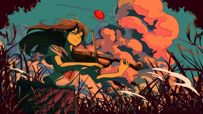1girl aqua_eyes artdroiiid_ii balloon blue_sky bow_(music) bright_pupils brown_hair closed_mouth cloud cloudy_sky commentary cowboy_shot double-parted_bangs dutch_angle english_commentary floating_clothes floating_hair highres instrument long_hair music neckerchief orange_clouds original outdoors playing_instrument pleated_skirt purple_sailor_collar purple_skirt red_neckerchief reeds sailor_collar scenery school_uniform serafuku shirt short_sleeves skirt sky smile solo sparkle standing straight_hair summer_uniform sunlight sunset tearing_up tree violin white_pupils white_shirt wind