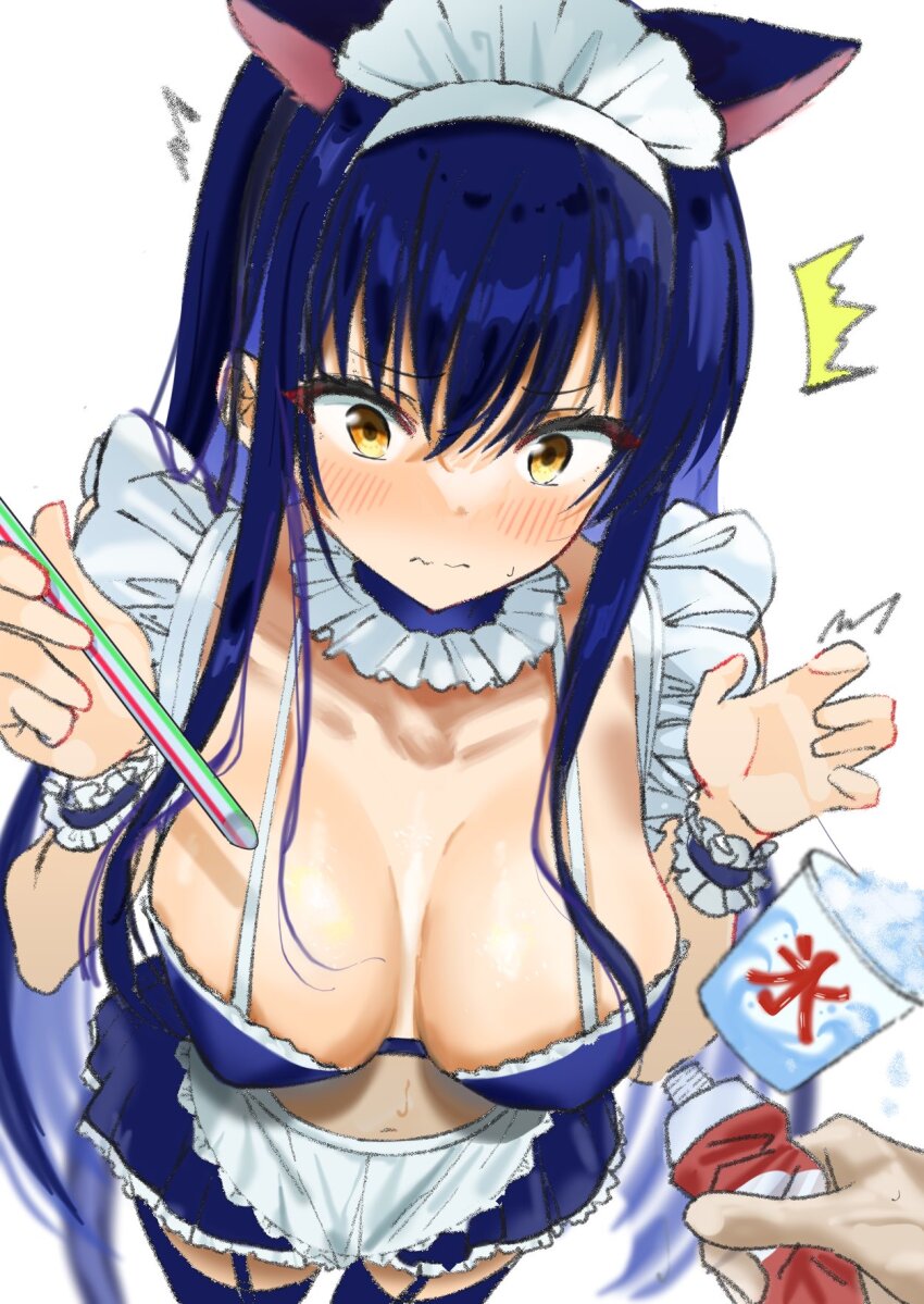 1girl 1other ^^^ alternate_costume animal_ears apron bikini bikini_skirt black_bikini black_choker black_hair black_skirt black_thighhighs black_wrist_cuffs blush breasts breasts_apart cat_ears choker closed_mouth collarbone commentary_request cowboy_shot drinking_straw enmaided fake_animal_ears food foreshortening frilled_apron frilled_bikini frilled_choker frilled_skirt frilled_wrist_cuffs frills from_above furrowed_brow garter_straps hair_between_eyes halterneck hands_up highres holding holding_drinking_straw kushima_kamome large_breasts long_hair looking_down maid maid_apron maid_bikini maid_headdress miniskirt navel pleated_skirt pov pov_hands sexually_suggestive shaved_ice sidelocks simple_background skirt solo_focus split_mouth standing straight_hair summer_pockets surprised swimsuit thighhighs unconventional_maid very_long_hair waist_apron wavy_mouth white_apron white_background wrist_cuffs yellow_eyes zenoo zettai_ryouiki