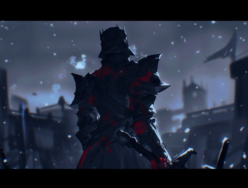 1other ambiguous_gender armor arms_at_sides blood blood_on_clothes bloody_weapon blurry blurry_background building chinese_commentary commentary_request dark_knight_(final_fantasy) dated dele14375735 facing_away film_grain final_fantasy final_fantasy_xiv flag fray_myste from_behind full_armor gauntlets grey_sky helm helmet holding holding_sword holding_weapon letterboxed monochrome outdoors overcast pauldrons shoulder_armor signature sky snowing solo spot_color standing sword torn_flag tower upper_body weapon