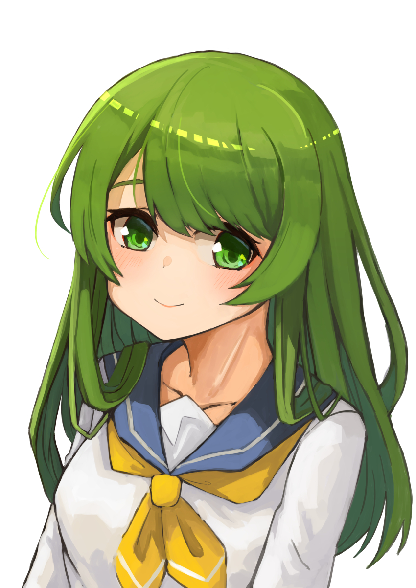 1girl absurdres battle_girl_high_school closed_mouth eyelashes green_eyes green_hair highres long_hair long_sleeves looking_at_viewer neckerchief sailor_collar school_uniform serafuku smile solo terii121 tokiwa_kurumi upper_body white_background yellow_neckerchief