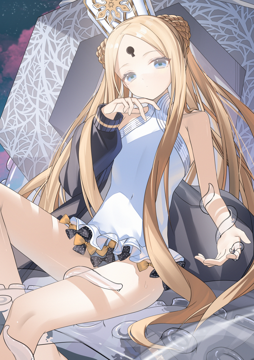 1girl abigail_williams_(fate) abigail_williams_(swimsuit_foreigner)_(fate) abigail_williams_(swimsuit_foreigner)_(second_ascension)_(fate) absurdres bare_shoulders black_bow blonde_hair blue_eyes bow braid braided_bun breasts double_bun dress_swimsuit fate/grand_order fate_(series) forehead hair_bun hat highres keyhole long_hair looking_at_viewer mitre miyu10366 one-piece_swimsuit orange_bow parted_bangs sidelocks sitting small_breasts solo swimsuit tentacles thighs twintails very_long_hair white_hat white_one-piece_swimsuit