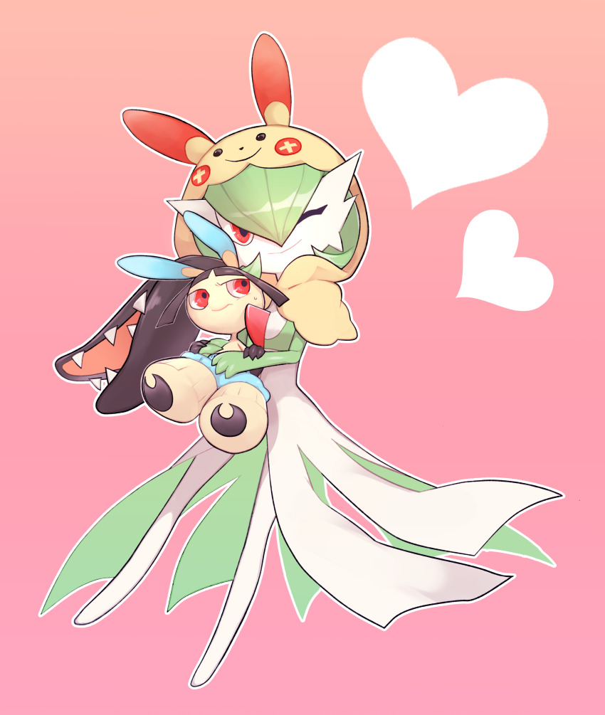 2girls absurdres animal_ears animal_hood black_hair blue_shorts blunt_bangs bob_cut capelet carrying closed_mouth colored_skin cosplay enden_(pixiv_57969220) extra_mouth fake_animal_ears female_focus full_body gardevoir gen_3_pokemon green_hair green_skin hair_between_eyes happy heart highres holding holding_pokemon hood hood_up hooded_capelet hug legs long_hair looking_at_another looking_at_viewer looking_back mawile minun minun_(cosplay) multicolored_skin multiple_girls nintendo no_feet one_eye_closed open_mouth outline pink_background plusle plusle_(cosplay) pokemon pokemon_(creature) red_eyes sharp_teeth short_hair shorts sidelocks simple_background size_difference smile standing sweat teeth two-tone_skin very_long_hair white_outline white_skin wink yellow_capelet