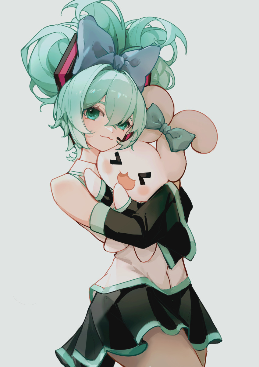 1girl :3 absurdres bare_shoulders black_skirt black_sleeves bow chinese_commentary cinnamiku cinnamoroll closed_mouth commentary_request cowboy_shot creature crossed_bangs detached_sleeves fuwa_fuwa_cinnamoroll gezimiao green_eyes green_hair grey_background grey_bow hair_between_eyes hair_bow hatsune_miku highres holding holding_creature long_hair long_sleeves looking_at_viewer miniskirt sanrio simple_background skirt smile solo standing updo vocaloid