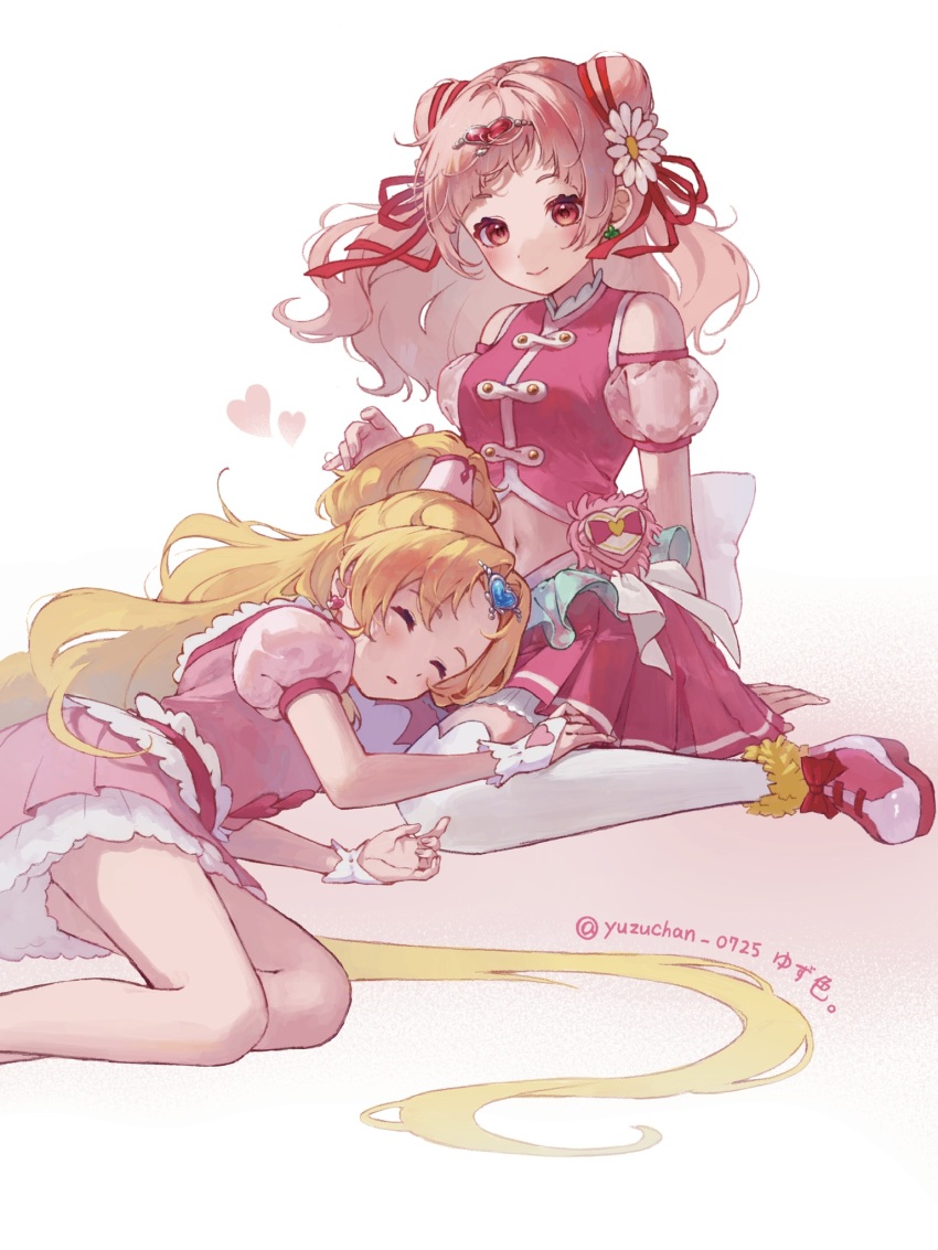 2girls artist_name blonde_hair blush boots closed_eyes closed_mouth cropped_shirt cure_tomorrow cure_yell detached_sleeves double_bun earrings fingerless_gloves flower gloves hair_bun hair_flower hair_ornament hair_ribbon heart highres hug-tan_(precure) hugtto!_precure jewelry long_hair magical_girl medium_hair midriff mother_and_daughter multiple_girls navel nono_hana one_side_up open_mouth pink_boots pink_hair pink_shirt pink_skirt pleated_skirt ponytail precure puffy_short_sleeves puffy_sleeves red_eyes red_ribbon ribbon see-through_clothes see-through_sleeves shirt shoes short_ponytail short_sleeves skirt sleeping thighhighs twitter_username white_gloves white_thighhighs yuzu_collar