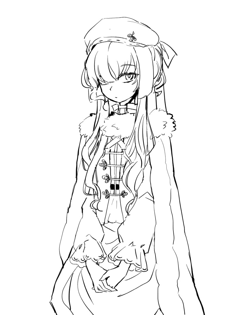 1girl 2cha_bangjeongsik absurdres newsboy_cap cape closed_mouth dot_mouth fur-trimmed_cape fur_trim greyscale hair_over_one_eye hat highres lineart long_hair long_sleeves looking_at_viewer monochrome one_eye_covered own_hands_together reverse:1999 shirt skirt solo upper_body vest white_background yenisei_(reverse:1999)