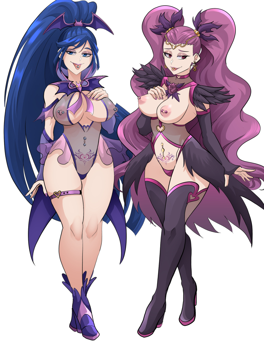 2girls absurdres blue_hair breasts highres kibou_no_chikara_otona_precure_&#039;23 mimino_kurumi minazuki_karen multiple_girls nipple_piercing nipples omitv piercing pink_hair precure pubic_tattoo tagme tattoo tongue_piercing yes!_precure_5 yes!_precure_5_gogo!