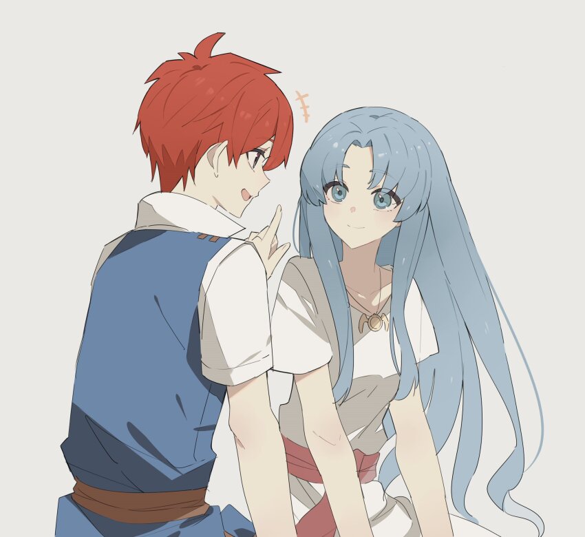+++ 1boy 1girl adol_christin alternate_costume ancient_ys_vanished blue_eyes blue_hair closed_mouth commentary_request curtained_hair dress feena_(ys) george_man gold_necklace grey_eyes highres jewelry long_hair looking_at_another necklace open_mouth red_hair short_hair simple_background smile white_background white_dress ys