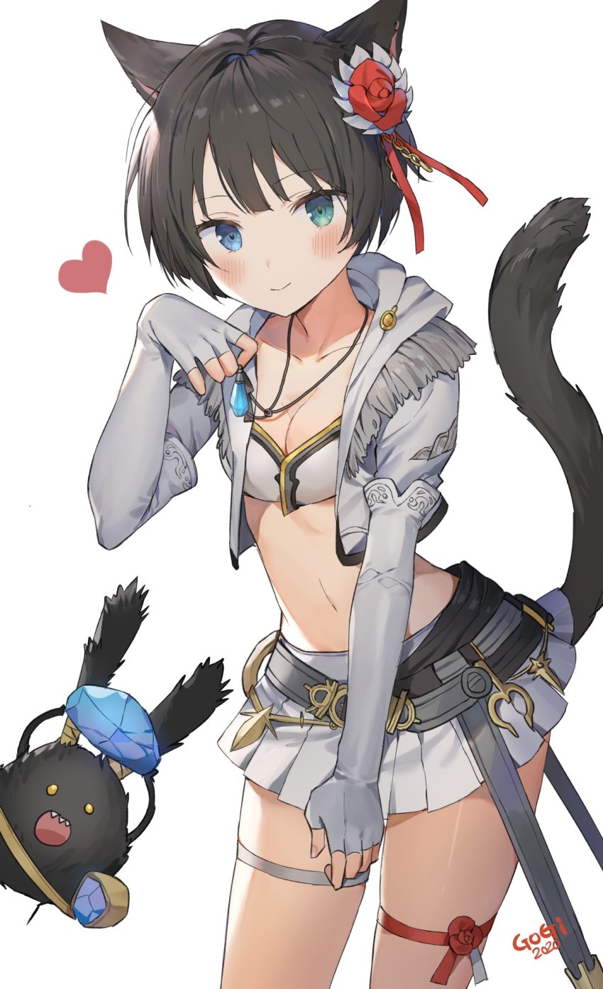 1girl animal_ears aqua_eyes artist_name belt black_hair blue_eyes blush breasts cat_ears cat_tail cleavage collarbone cowboy_shot creature cropped_jacket female_focus final_fantasy final_fantasy_xiv fingerless_gloves fingernails gem gloves gompang hair_ornament heart heterochromia highres holding jewelry korean_commentary long_sleeves looking_at_viewer midriff miniskirt miqo&#039;te navel necklace pleated_skirt short_hair simple_background skirt small_breasts smile solo spriggan_(final_fantasy) standing stomach tail thigh_strap translation_request warrior_of_light_(ff14) white_background white_skirt