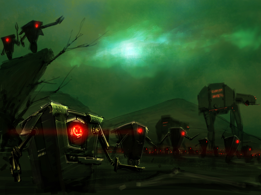 army at-at_walker borderlands_(series) claptrap crossover epic highres mecha night no_humans non-humanoid_robot parody realistic robot science_fiction shadowing star_wars walker_(robot)