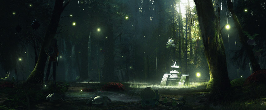 absurdres annotation_request asteroid_ill branch budew bulbasaur celebi fireflies forest gen_1_pokemon gen_2_pokemon gen_3_pokemon gen_4_pokemon gen_7_pokemon gen_8_pokemon highres hoppip legendary_pokemon light mythical_pokemon nature nincada nintendo orbeetle overgrown pineco pokemon pokemon_(creature) scenery silhouette solo_focus standing surskit temple toucannon tree tree_shade