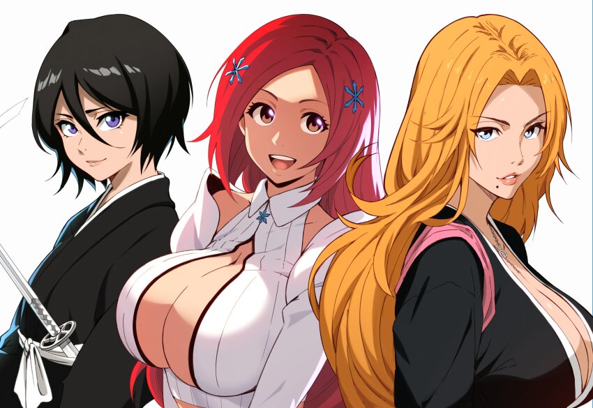3girls absurdres badge black_hair black_kimono bleach bleach:_sennen_kessen-hen blue_eyes breasts brown_eyes cleavage cleavage_cutout clothing_cutout collar collarbone detached_sleeves dress fukutaichou_badge hair_ornament happy highres inoue_orihime jacket japanese_clothes katana kimono kuchiki_rukia long_hair looking_at_viewer low_neckline matsumoto_rangiku mole mole_under_mouth multiple_girls orange_hair pink_shawl plunging_neckline purple_eyes shawl shihakusho shinigami short_hair smile stayaliveplz sword weapon white_dress white_jacket zanpakutou