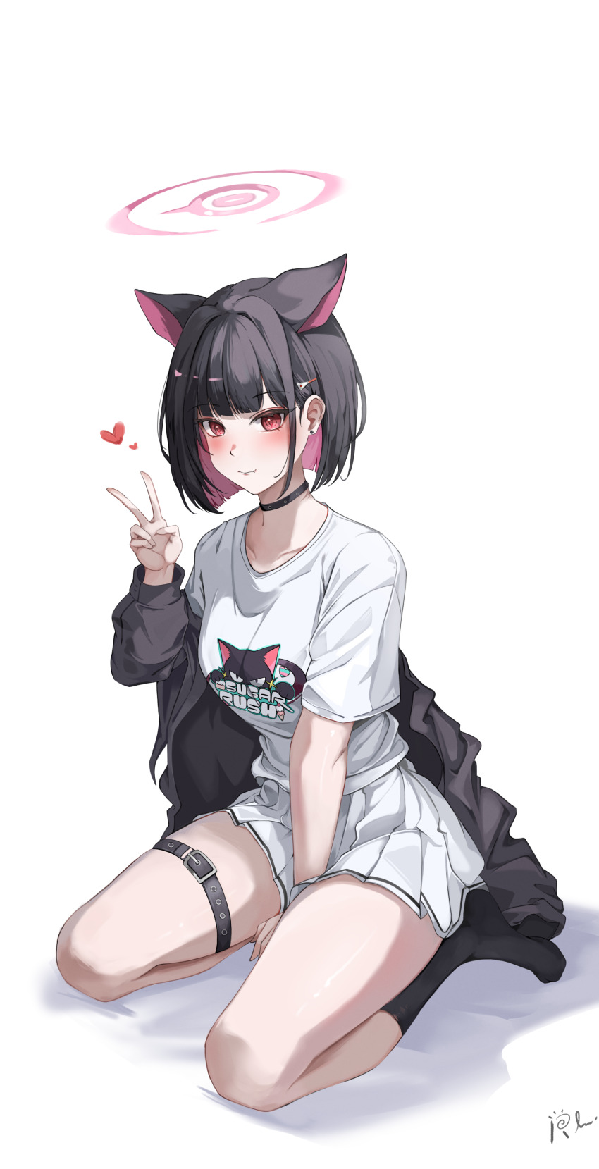 1girl absurdres animal_ears animal_print between_legs black_hair black_jacket black_socks blue_archive blunt_bangs blunt_ends blush cat_ears cat_girl cat_print closed_mouth colored_inner_animal_ears colored_inner_hair extra_ears hand_between_legs highres jacket kazusa_(band)_(blue_archive) kazusa_(blue_archive) looking_at_viewer multicolored_hair no_shoes official_alternate_costume pink_hair shirt short_hair sitting skirt smile socks solo straw_raspberry thigh_strap two-tone_hair v wariza white_shirt white_skirt