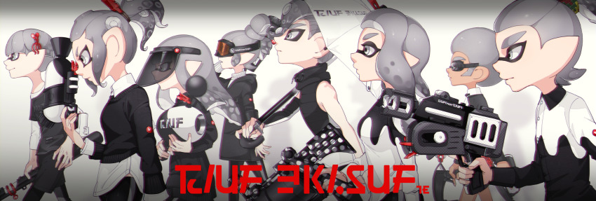 .52_gal_(splatoon) 3girls 5boys afro black_coat black_pants black_shirt blunt_bangs closed_mouth coat collared_shirt dark_skin domik dress_shirt from_side frown goggles grey_background grey_eyes hair_ornament hair_pulled_back hairclip highres holding holding_weapon hood hooded_coat inkling inkling_(language) inkling_boy inkling_girl inkling_player_character l-3_nozzlenose_(splatoon) layered_clothes layered_sleeves leggings logo long_hair long_sleeves luna_blaster_(splatoon) multiple_boys multiple_girls nintendo octoling octoling_boy octoling_girl octoling_player_character pants pointy_ears rapid_blaster_(splatoon) scrunchie shirt short_hair short_over_long_sleeves short_sleeves shorts single_vertical_stripe ski_goggles sleeveless smile splat_brella_(splatoon) splat_charger_(splatoon) splat_dualies_(splatoon) splatoon_(series) splatoon_2 splattershot_(splatoon) standing suction_cups topknot turtleneck visor weapon white_shirt wing_collar