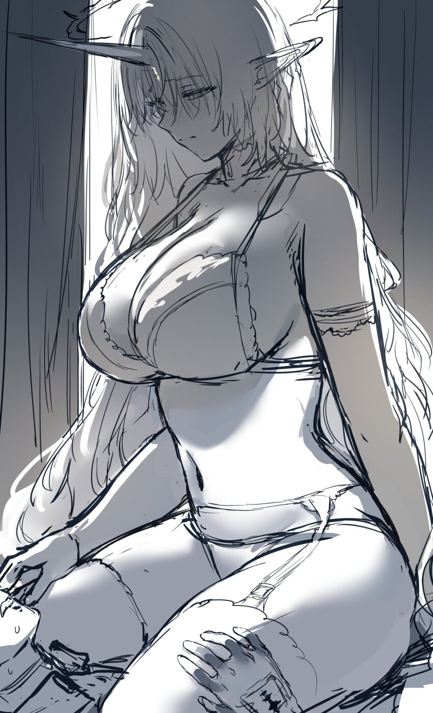1boy 1girl bare_shoulders blush bra breasts cleavage closed_mouth commentary crown earrings english_commentary fleurdelys_(wuthering_waves) floating_earrings garter_belt garter_straps girl_on_top gloves hand_on_another&#039;s_thigh hews highres horns jewelry large_breasts long_hair long_horns looking_at_another looking_down male_rover_(wuthering_waves) navel panties pointy_ears rover_(wuthering_waves) single_horn sketch stomach tacet_mark_(wuthering_waves) thighhighs thighs underwear underwear_only very_long_hair wuthering_waves