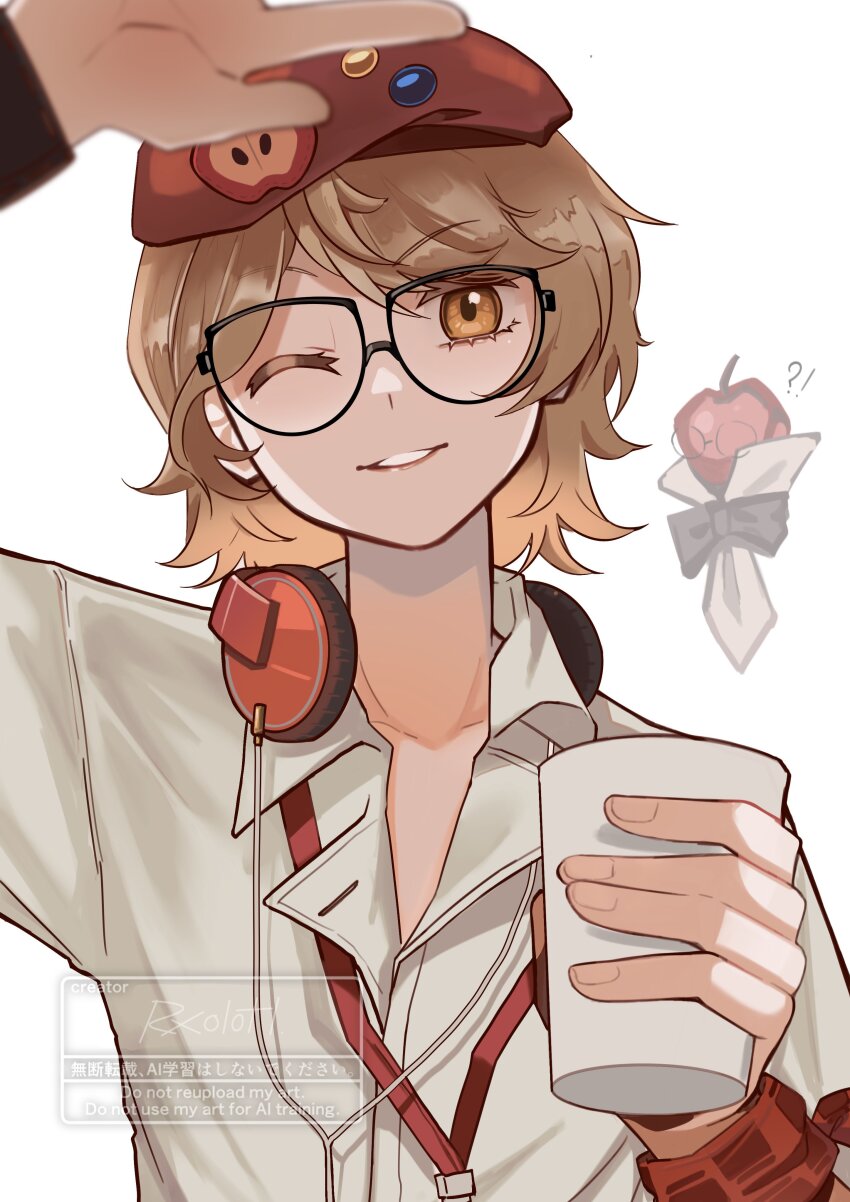 !? 1girl absurdres apple apple_(reverse:1999) beret black_bow black_bowtie bow bowtie brown_hair collared_shirt cup disposable_cup food fruit gloves grin hands_up hat headphones headphones_around_neck highres holding holding_cup lanyard official_alternate_costume one_eye_closed orange_eyes ratanan red_hat regulus_(reverse:1999) reverse:1999 shirt short_hair smile solo traditional_bowtie upper_body watermark white_shirt