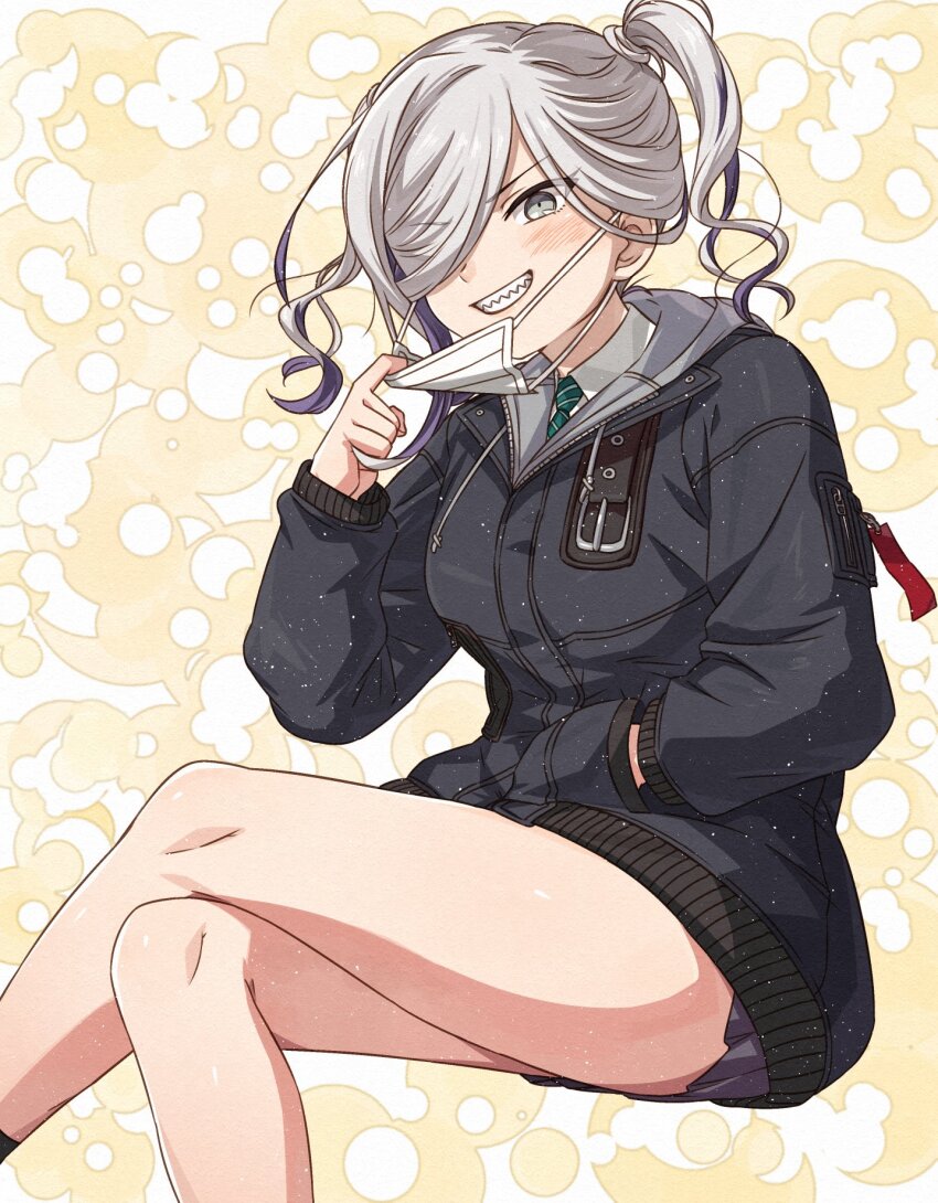 1girl ahoge asashimo_(kancolle) black_jacket black_skirt collared_shirt commission cosplay feet_out_of_frame grey_eyes grey_hair grey_shirt grin hair_over_one_eye hand_in_pocket highres idolmaster idolmaster_cinderella_girls jacket kanmiya_shinobu kantai_collection looking_at_viewer mask mask_pull mouth_mask necktie ponytail sharp_teeth shirt skeb_commission skirt smile solo sunazuka_akira sunazuka_akira_(cosplay) surgical_mask teeth trait_connection