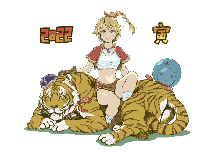 1girl 2022 bandages blonde_hair breasts chinese_zodiac chrono_cross closed_mouth crop_top full_body gloves high_ponytail highres jewelry kid_(chrono_cross) long_hair looking_at_viewer lynx_(chrono_cross) midriff multi-tied_hair navel necklace ponytail ryon_(yasagure_un) simple_background skirt smile starky_(chrono_cross) tiger vest white_background year_of_the_tiger