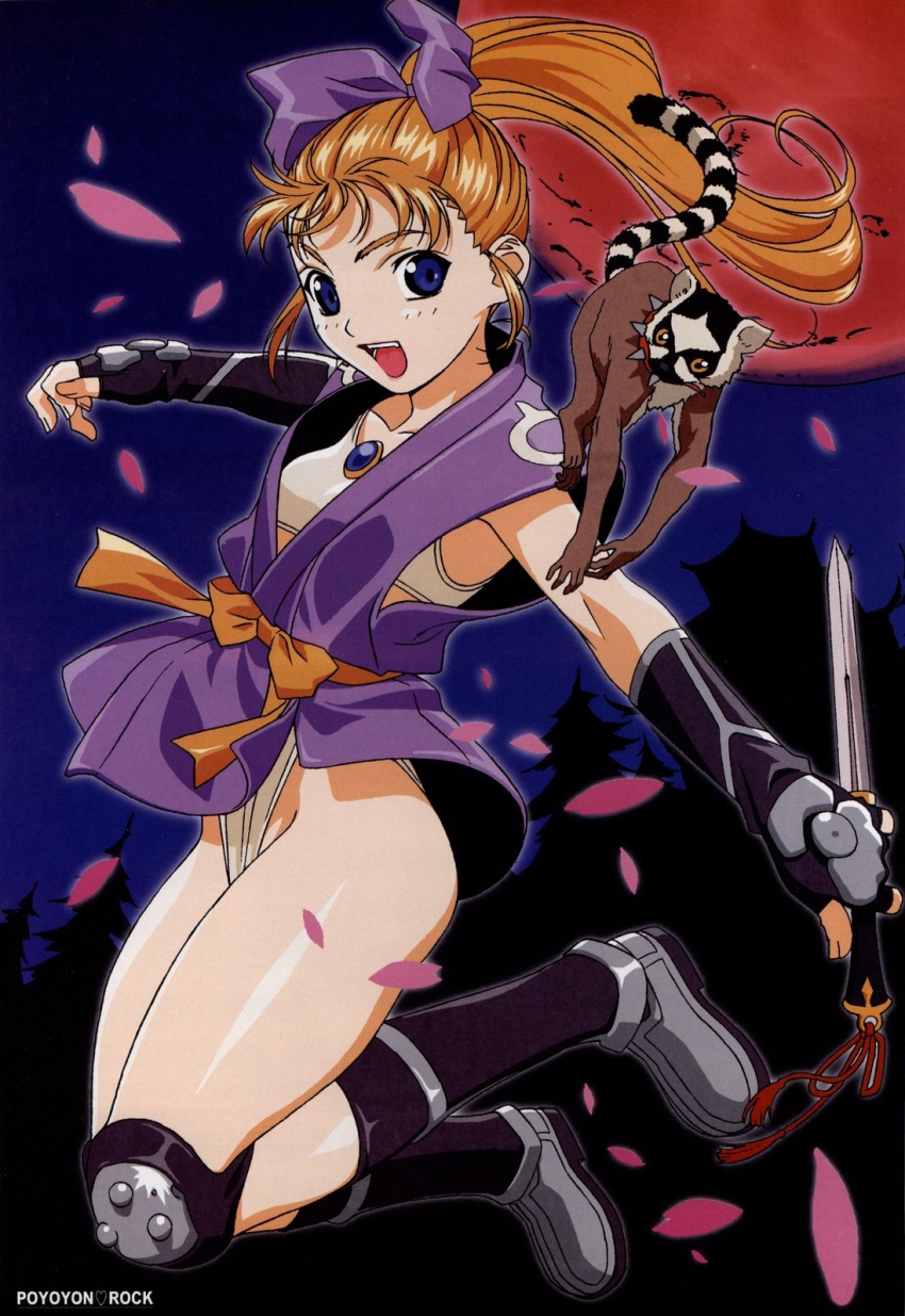 1girl amulet ass atlus blonde_hair blue_eyes boots bra cherry_blossoms collar female_focus fingerless_gloves flat_chest flying full_moon gloves hair_ribbon highres hip_focus japanese_clothes jewelry junis kimono knife legs lemur lingerie long_hair midriff moon navel necklace night night_sky ninja open_mouth panties pantyshot petals ponytail psikyo ribbon sengoku_ace sengoku_blade shirt short_hair sky socrates solo spiked_collar spikes sports_bra tarsier underwear white_panties yukata