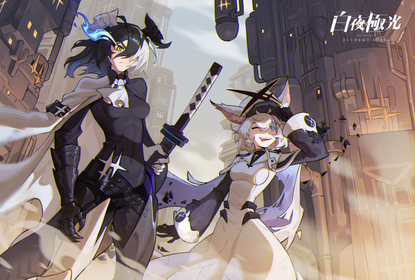 2girls akari_kuma alchemy_stars ascot black_bodysuit black_gloves black_hair blue_eyes bodysuit breasts cape closed_mouth copyright_name covered_navel dress feet_out_of_frame flaming_eye frown gauntlets gloves green_eyes hair_over_one_eye hand_on_headwear hat highres horns katana long_hair long_sleeves multicolored_hair multiple_girls one_eye_closed open_mouth peaked_cap philyshy_(alchemy_stars) sharona_(alchemy_stars) short_hair skin_tight small_breasts smoke standing sword tail tongue tongue_out torn_cape torn_clothes two-tone_hair weapon white_ascot white_cape white_dress white_hair white_headwear