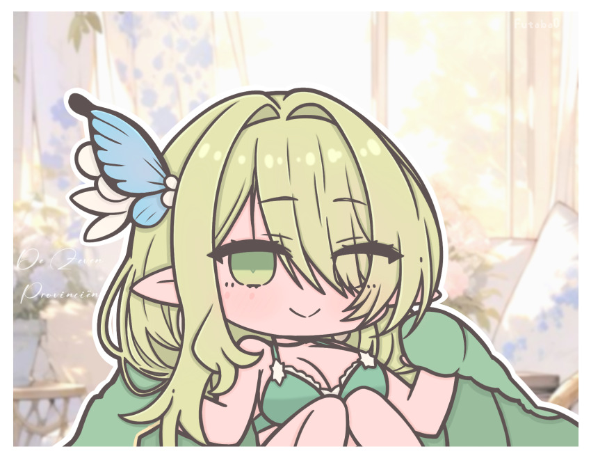 1girl artist_name azur_lane bare_shoulders blanket blue_butterfly bra breasts bug butterfly butterfly_hair_ornament character_name chibi chibi_only cleavage commentary de_zeven_provincien_(azur_lane) de_zeven_provincien_(snuggling_for_warmth)_(azur_lane) elf eyes_visible_through_hair futaba_(anti_clockwise) green_blanket green_bra green_eyes green_hair hair_ornament hair_over_one_eye highres holding holding_blanket insect lace lace-trimmed_bra lace_trim large_breasts long_hair looking_at_viewer official_alternate_costume pointy_ears smile solo symbol-only_commentary underwear