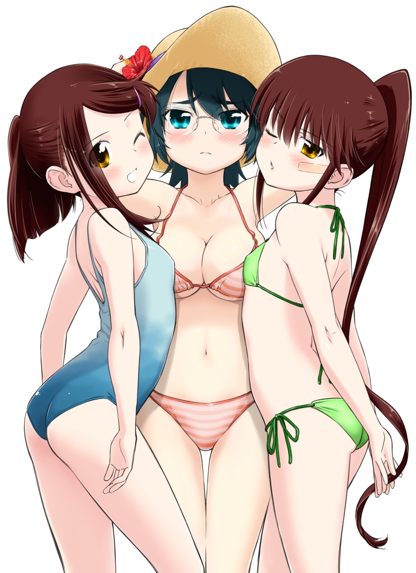 3girls bikini blue_eyes blue_hair brown_hair ditama_bow glasses highres kissxsis mikuni_miharu multiple_girls official_art ponytail siblings sisters standing striped_bikini striped_clothes suminoe_ako suminoe_riko swimsuit twins white_background yellow_eyes