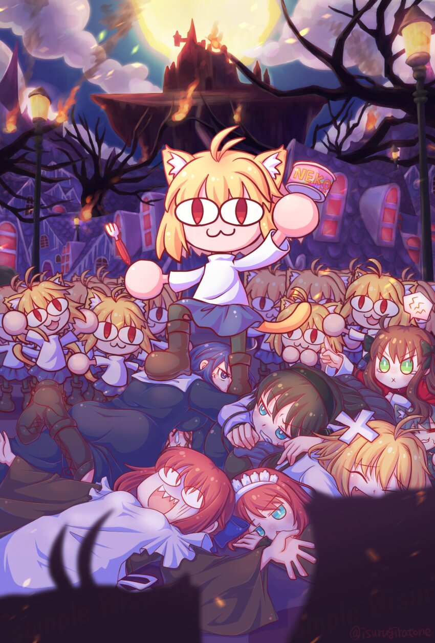 1boy 6+girls :3 ahoge anger_vein animal_ears antenna_hair apron arcueid_brunestud arima_miyako black_hair blonde_hair blue_bow blue_eyes blue_hair blush bow breasts brown_hair can cat_ears cat_girl cat_tail chibi ciel_(tsukihime) closed_eyes fork green_eyes grey_hair hair_bow hairband highres hisui_(tsukihime) isurugiratone japanese_clothes kimono kohaku_(tsukihime) long_hair long_sleeves looking_at_viewer maid maid_headdress melty_blood melty_blood:_type_lumina multiple_girls multiple_persona neco-arc neco-arc_chaos noel_(tsukihime) nun open_mouth pantyhose red_eyes red_hair ribbon school_uniform short_hair siblings sisters skirt smile sweater tail tohno_akiha tsukihime tsukihime_(remake) twins white_hairband white_sweater
