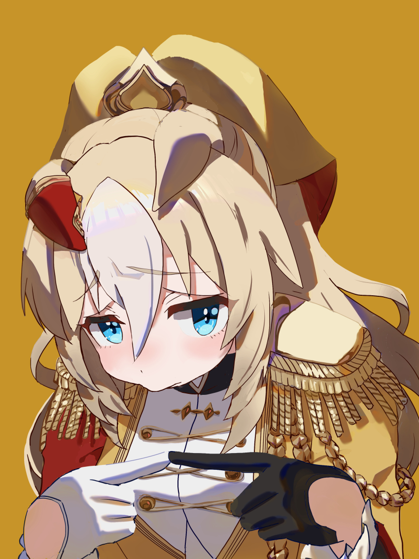 1girl absurdres animal_ears asymmetrical_sleeves blonde_hair blue_eyes bodysuit buttons closed_mouth commentary_request double-breasted durandal_(umamusume) ear_covers epaulettes frilled_bodysuit hair_between_eyes highres horse_ears horse_girl long_hair long_sleeves looking_at_viewer mismatched_sleeves multicolored_hair no_uwazumi simple_background single_ear_cover solo tail twitter_username two-tone_hair umamusume upper_body white_bodysuit white_hair yellow_background