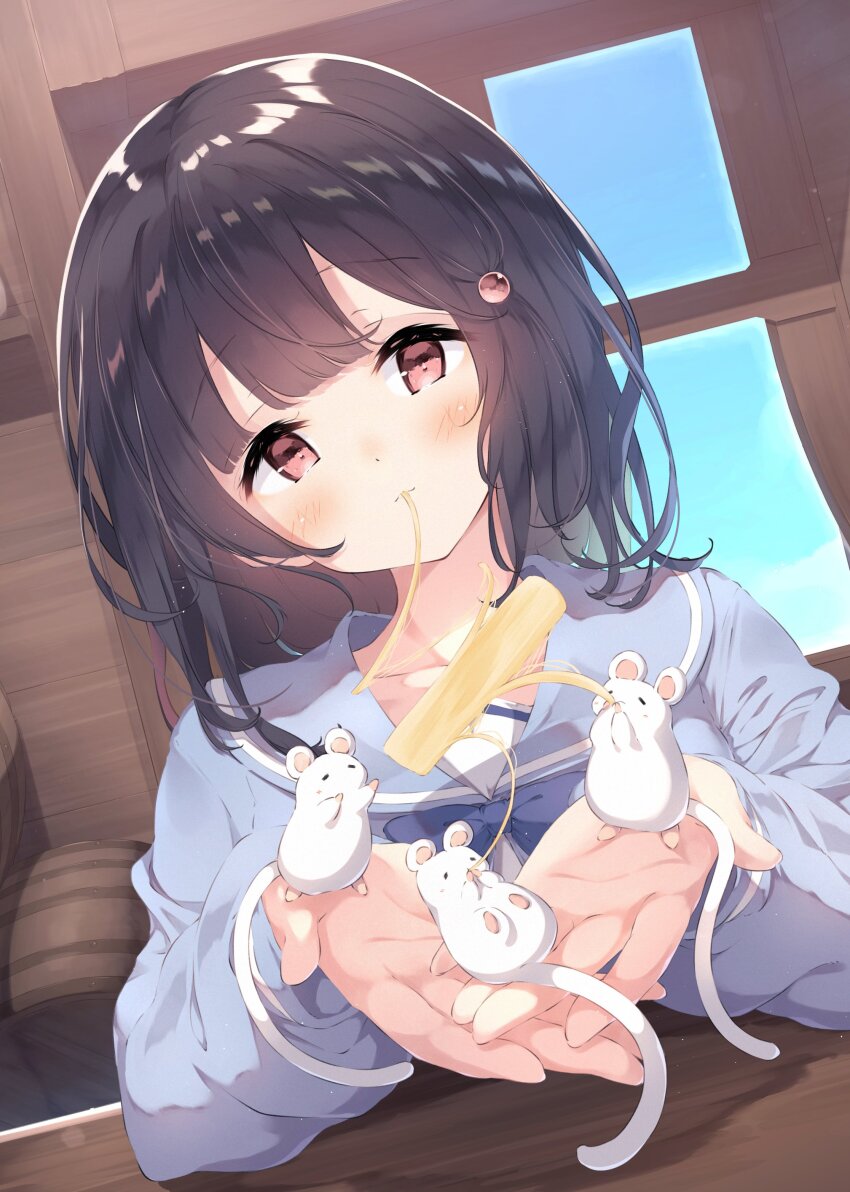 1girl absurdres black_hair blush eating granblue_fantasy hair_ornament highres holding indoors looking_at_viewer mouse_(animal) red_eyes ukiwakisen vikala_(granblue_fantasy)
