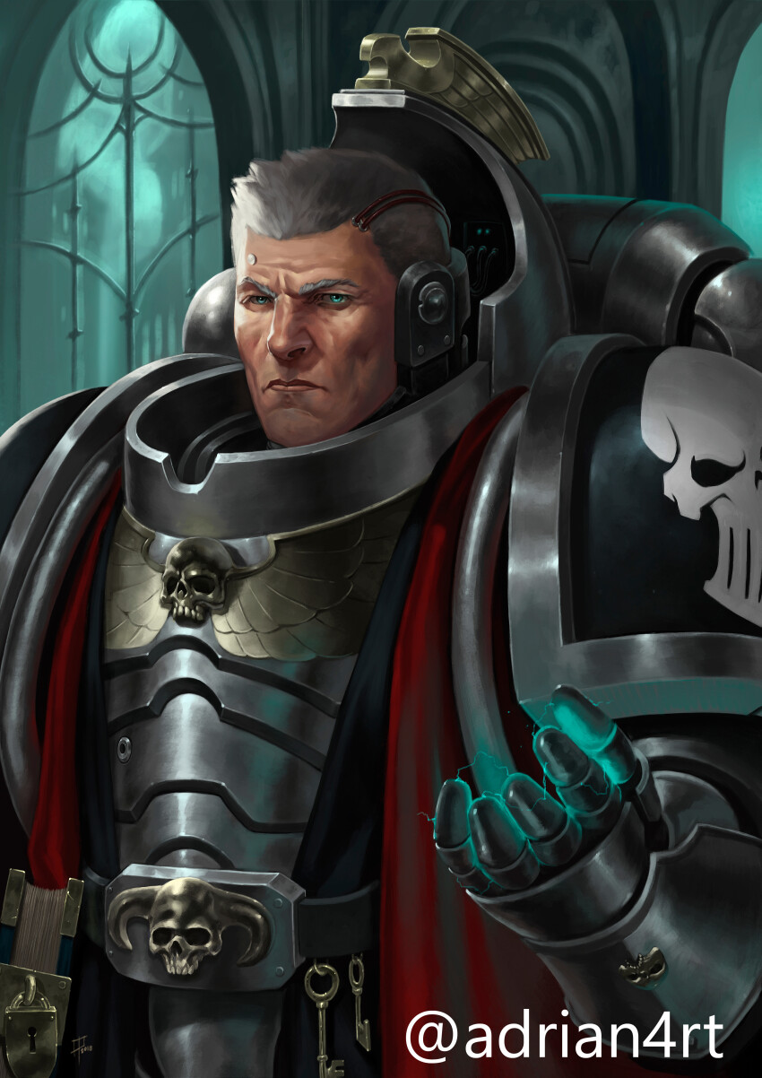 1boy absurdres adrian4rt aqua_eyes armor artist_name book breastplate cable cape closed_mouth commentary commission couter english_commentary gauntlets grey_armor grey_hair grimoire highres indoors key lock male_focus mechabare pauldrons power_armor psyker red_cape rerebrace short_hair shoulder_armor solo warhammer_40k window