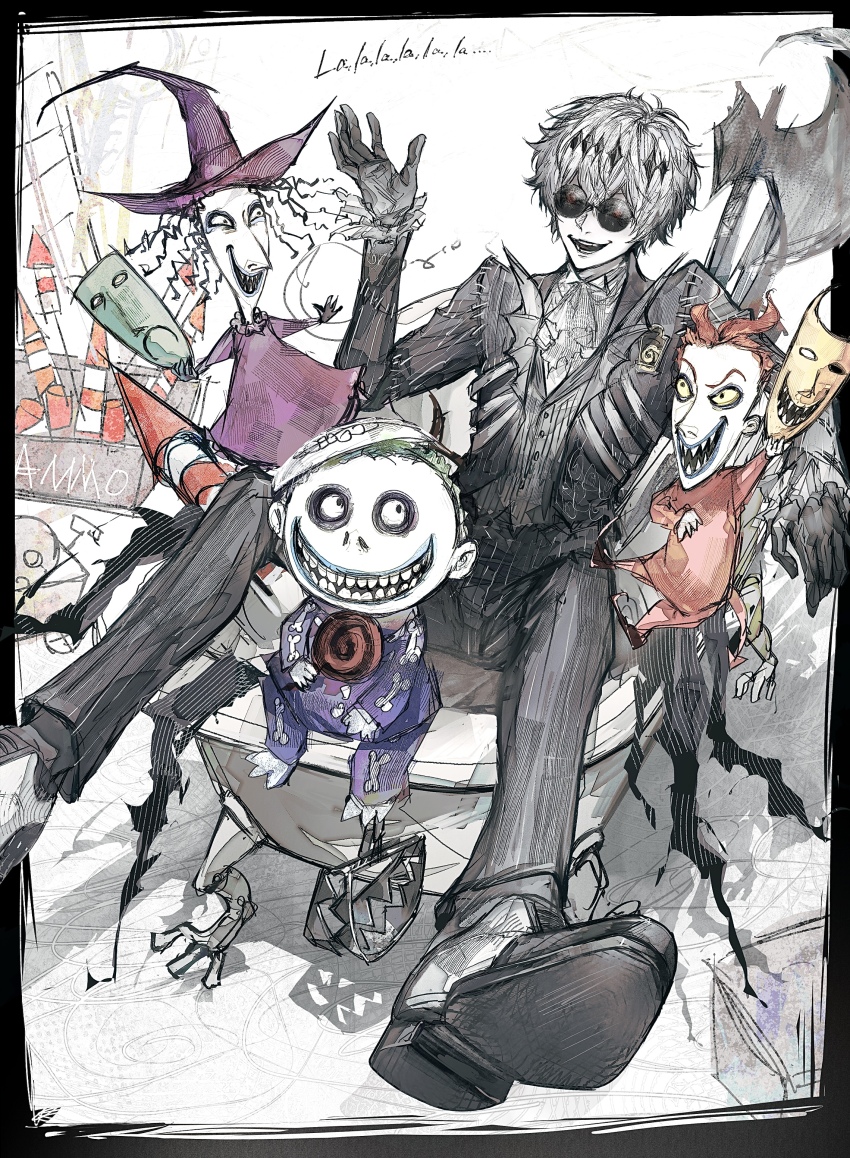 1girl 3boys absurdres axe barrel_(nbc) bathtub black_coat black_gloves candy child claw_foot_bathtub coat crossover english_text fireworks food gloves grey_hair hat highres ho9_999 holding holding_candy holding_food holding_lollipop holding_mask in_bathtub lock_(nbc) lollipop mask multiple_boys red_eyes sharp_teeth shock_(nbc) short_hair sitting skully_j._graves striped_coat sunglasses teeth the_nightmare_before_christmas twisted_wonderland white_background witch witch_hat