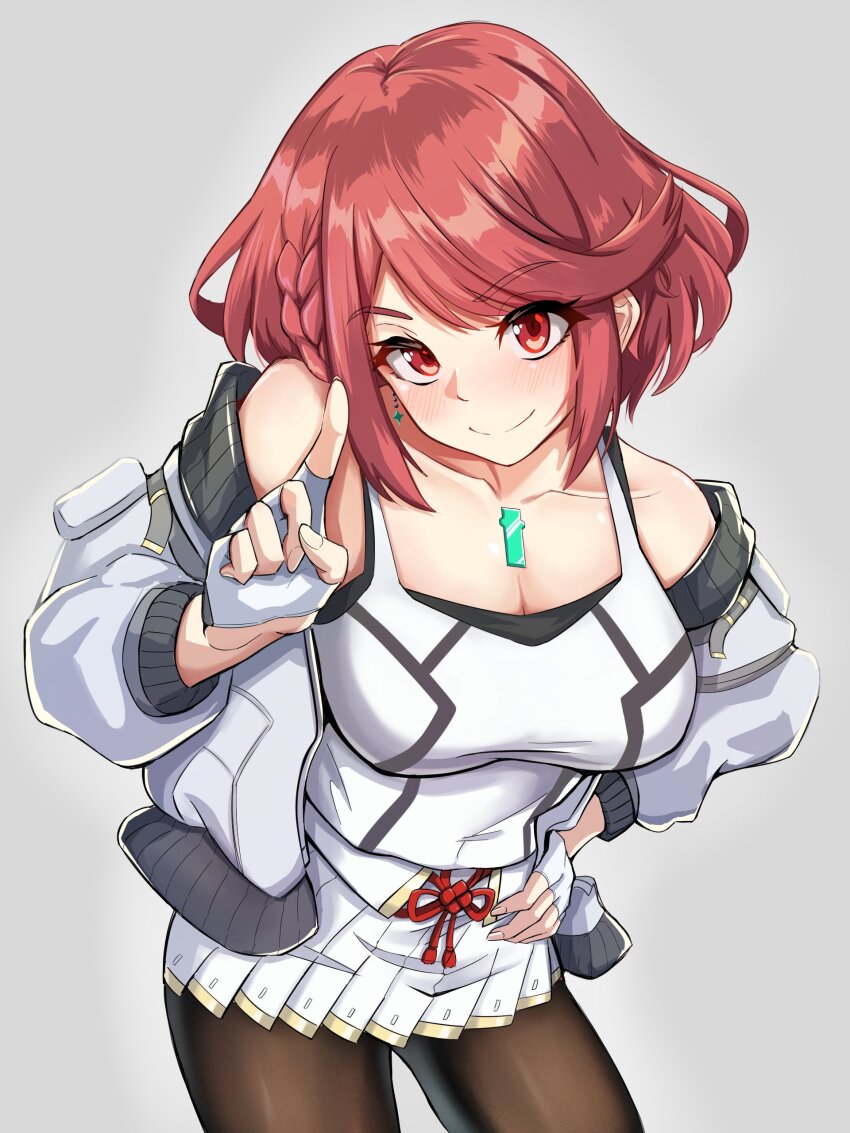 1girl absurdres bare_shoulders bob_cut braid breasts cleavage closed_mouth collarbone commentary_request core_crystal_(xenoblade) cosplay earrings eyelashes grey_background hand_on_own_hip highres jacket jewelry looking_at_viewer medium_hair mio_(xenoblade) mio_(xenoblade)_(cosplay) open_clothes open_jacket pantyhose pyra_(xenoblade) red_eyes red_hair simple_background smile solo star_(symbol) star_earrings swept_bangs timosan white_jacket xenoblade_chronicles_(series) xenoblade_chronicles_2