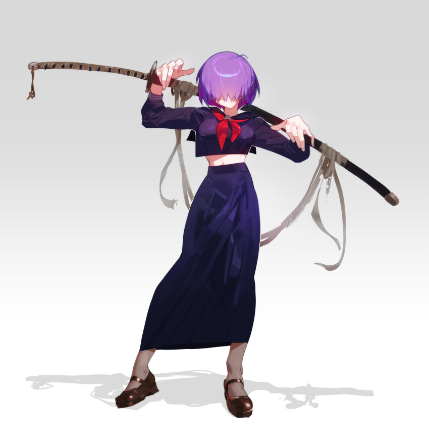 1girl black_shirt black_skirt breasts brown_pantyhose brown_shoes carrying_over_shoulder colored_inner_hair crop_top crop_top_overhang delinquent facing_viewer full_body gradient_background grey_background highres long_skirt long_sleeves mara_(raneblu) mary_janes medium_breasts multicolored_hair neckerchief ootachi original over_shoulder pantyhose parted_lips purple_hair raneblu red_neckerchief sailor_collar school_uniform serafuku shadow shirt shoes short_hair skirt smile solo standing sukeban sword sword_over_shoulder weapon weapon_over_shoulder