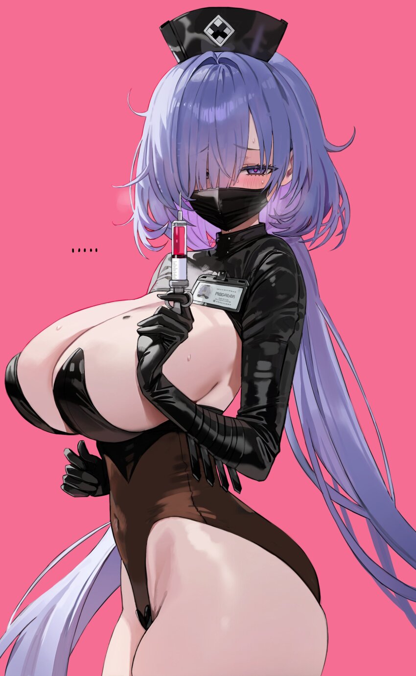 ... 1girl absurdres azur_lane black_mask breasts freng gloved_sleeves gloves hair_over_one_eye hat heart_maebari highres huge_breasts id_card latex latex_gloves latex_shrug leotard long_hair looking_at_viewer maebari mask mogador_(olfactory_nursery_call)_(azur_lane) mole mole_on_breast mouth_mask nurse_cap official_alternate_costume pink_background purple_eyes purple_hair shrug_(clothing) simple_background solo syringe transparent_leotard