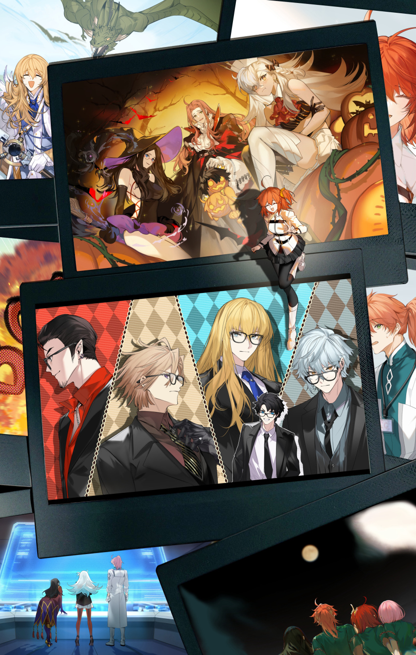 4girls 6+boys :t ^_^ absurdres adjusting_clothes adjusting_necktie ahoge alternate_costume argyle_background arlizi arm_up ascot asymmetrical_footwear barbell_piercing bare_shoulders bare_tree bat_(animal) beard_stubble beryl_gut bespectacled black-framed_eyewear black_cape black_dress black_eyes black_footwear black_gloves black_hair black_hat black_jacket black_necktie black_pantyhose black_skirt black_vest blonde_hair blue_background blue_eyes blue_gloves blue_necktie blue_sky boots braid breasts broom broom_riding brown_background brown_hair brown_shirt cape chaldea_logo chaldea_uniform chinese_commentary chromatic_aberration closed_eyes closed_mouth coat collared_shirt commentary_request cosplay cross-laced_clothes cross-laced_dress cross-laced_slit crossed_arms crown curtained_hair daybit_sem_void detached_collar dragon dress drop_shadow ear_piercing earrings elbow_gloves embarrassed empty_eyes explosion eyes_visible_through_hair facial_hair fate/grand_order fate_(series) frilled_sleeves frills frown fujimaru_ritsuka_(female) fujimaru_ritsuka_(female)_(halloween_royalty) fujimaru_ritsuka_(male) fujimaru_ritsuka_(male)_(halloween_royalty) full_moon glasses glint gloves green_eyes grey_background grin hair_between_eyes hair_ornament hair_over_one_eye hair_scrunchie hair_slicked_back halloween halloween_costume hat highres holding holding_broom holographic_monitor industrial_piercing jack-o&#039;-lantern jacket jewelry kadoc_zemlupus kirschtaria_wodime knees_up lanyard lapels leaning_forward leaning_on_object leonardo_da_vinci_(fate) leonardo_da_vinci_(witch_of_moonlit_night)_(fate) long_hair long_sideburns long_sleeves looking_at_viewer magic mash_kyrielight mature_male medium_hair mini_crown mismatched_footwear moon multiple_boys multiple_girls necklace necktie notched_lapels olga_marie_animusphere open_clothes open_jacket open_mouth orange_eyes orange_hair orange_pantyhose orange_scrunchie pants pantyhose parted_bangs photo_(object) piercing pleated_skirt pointing pointy_ears ponytail pout pumpkin purple_eyes red-framed_eyewear red_ascot red_background red_shirt ring romani_archaman romani_archaman_(count_romani_archaman&#039;s_hospitality) running scrunchie shirt shoes short_dress short_hair short_sleeves side_braid sideboob sideburns sideless_outfit sitting skirt sky smile sparkle striped_necktie stubble sweat thigh_boots tree u-olga_marie u-olga_marie_(cosplay) v-shaped_eyebrows vest w white_ascot white_coat white_footwear white_gloves white_hair white_jacket white_pants white_shirt white_skirt wing_collar witch_hat wyvern yellow_eyes yellow_necktie