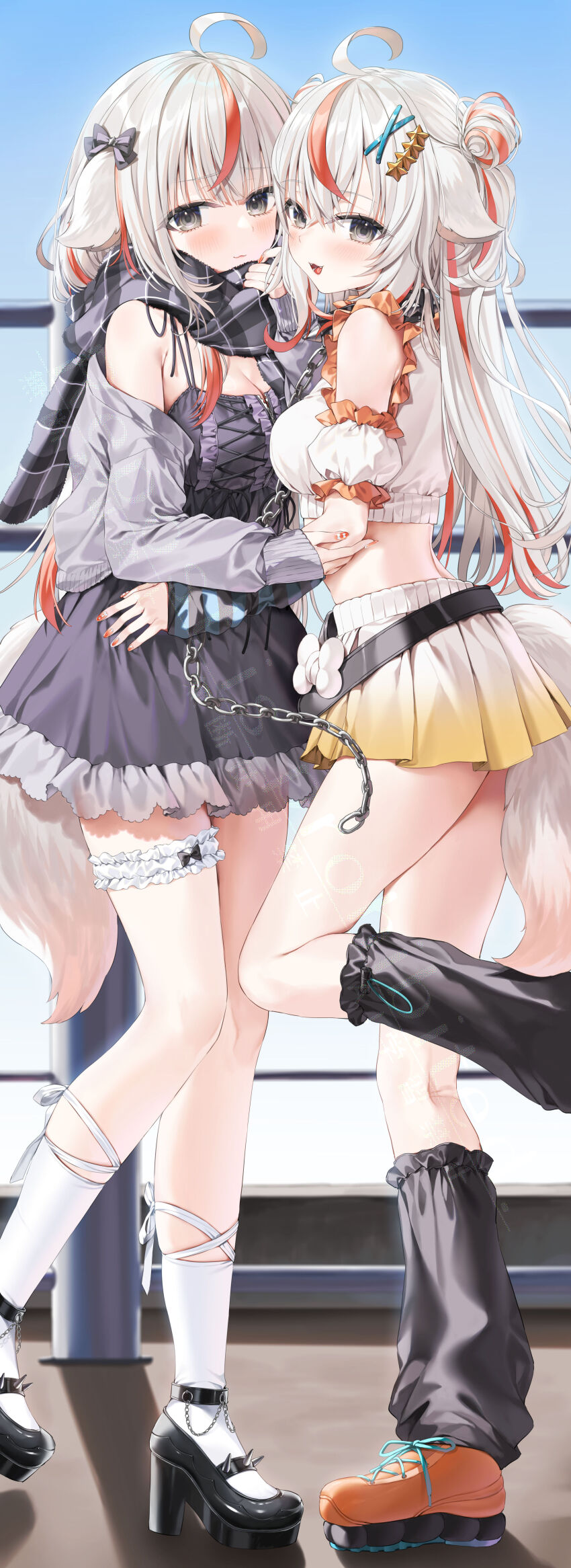 2girls :3 absurdres ahoge animal_ears arm_warmers armpit_crease loose_socks bare_shoulders belt black_dress black_eyes black_scarf bow breasts chain cleavage collar crop_top detached_sleeves dog_ears dog_girl dog_tail dress frilled_shirt frills from_side gradient_clothes gradient_skirt grey_jacket hair_bow hair_bun high_heels highres jacket loafers long_sleeves median_furrow medium_breasts midriff miniskirt multicolored_hair multiple_girls off_shoulder open_clothes open_jacket open_mouth original pleated_skirt scarf shirt shoes skirt sleeveless sleeveless_dress sleeveless_shirt smile socks spaghetti_strap standing streaked_hair tail thighs white_hair white_shirt white_skirt white_socks yana_mori