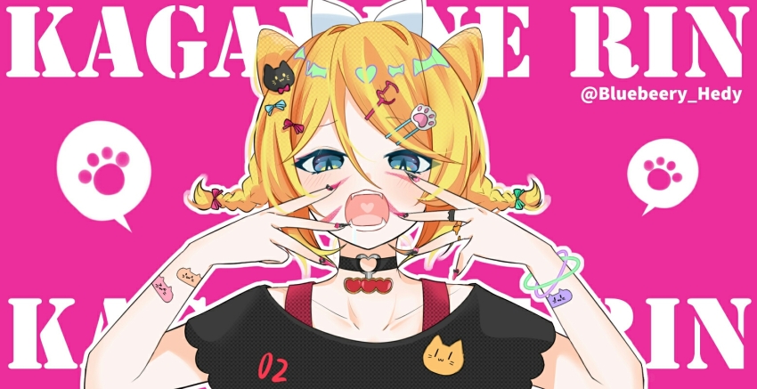 1girl animal_(vocaloid) black_shirt blueberry_hedy choker fangs hair_ornament kagamine_rin long_hair looking_at_viewer open_mouth shirt short_sleeves solo vocaloid
