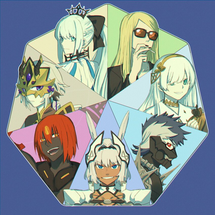 3girls 4boys anastasia_(fate) animal_ears ashwatthama_(fate) blonde_hair blue_eyes caenis_(fate) caenis_(second_ascension)_(fate) cigarette color_wheel_challenge dark-skinned_female dark-skinned_male dark_skin fate/grand_order fate_(series) feng_cheng_(kanon91426) glasses grey_hair grin highres holding holding_cigarette mask morgan_le_fay_(fate) mouth_mask multiple_boys multiple_drawing_challenge multiple_girls ponytail prince_of_lan_ling_(fate) purple_eyes red_eyes red_hair sigurd_(fate) smile sunglasses surtr_(fate) tezcatlipoca_(fate) tiara white_hair yellow_eyes