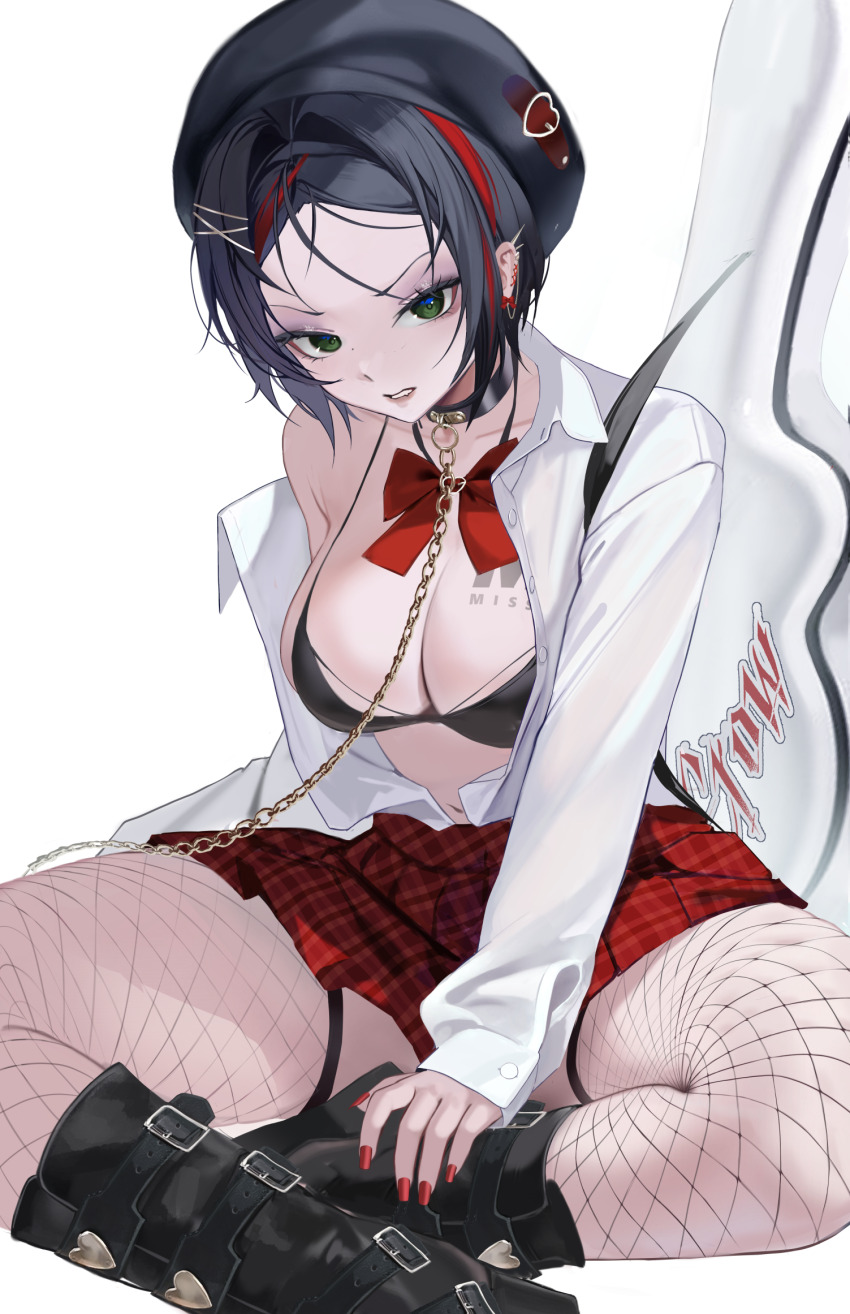 1girl alternate_costume beret black_bra black_hair bow bowtie bra breast_tattoo breasts chain chain_leash commentary commission crow_(nikke) ear_piercing fishnet_pantyhose fishnets goddess_of_victory:_nikke gold_chain green_eyes guitar hat highres indian_style instrument large_breasts leash looking_at_viewer midriff miniskirt multicolored_hair navel pantyhose piercing red_bow red_bowtie red_hair red_skirt shirt short_hair simple_background sitting skirt solo streaked_hair tattoo two-tone_hair underwear uyuri_(89976220) white_background white_shirt