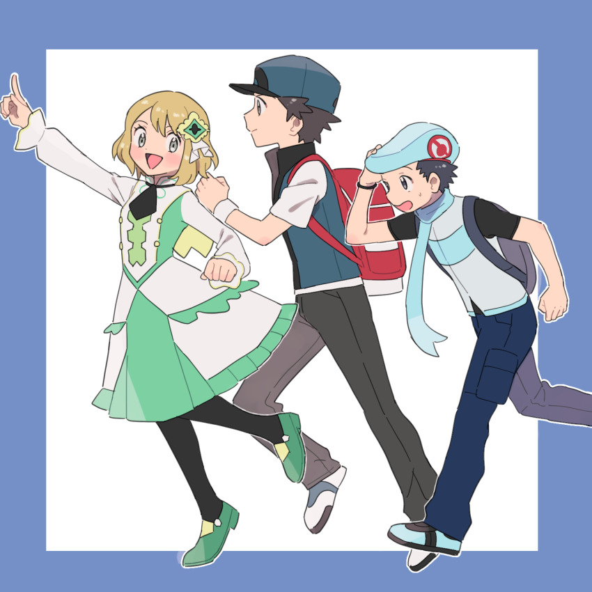 1girl 2boys alternate_color ascot backpack bag baseball_cap beret blue_footwear blue_scarf green_footwear grey_eyes hat highres light_brown_hair lucas_(pokemon) multiple_boys nintendo official_alternate_costume open_mouth pokemon pokemon_masters_ex pumpkinpan red_(pokemon) scarf serena_(pokemon) serena_(sygna_suit)_(pokemon) sweat