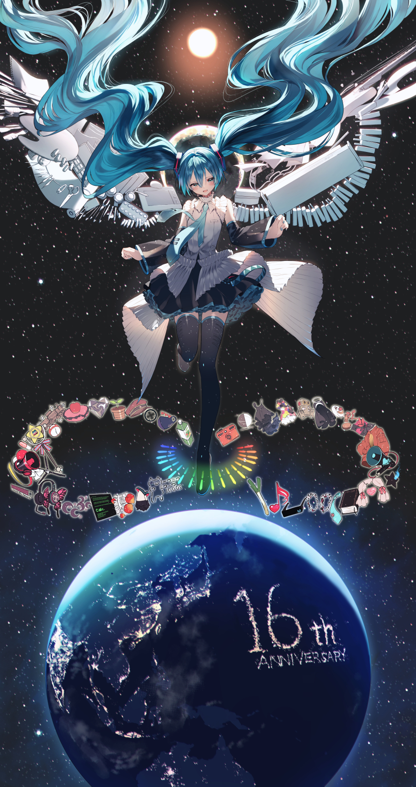 1girl 39_(vocaloid) :d absurdly_long_hair absurdres anniversary annotation_request black_boots black_rock_shooter black_skirt black_sleeves blue_eyes blue_hair blue_nails blue_necktie boots calc._(vocaloid) commentary_request detached_sleeves earth_(planet) ghost_rule_(vocaloid) hair_between_eyes hand_in_hand_(vocaloid) hatsune_miku hatsune_miku_happy_16th_birthday_-dear_creators- hatsune_miku_no_shoushitsu_(vocaloid) headset hello_planet_(vocaloid) hibana_(vocaloid) highres ievan_polkka_(vocaloid) kamippoina_(vocaloid) karakuri_pierrot_(vocaloid) koi_wa_sensou_(vocaloid) long_hair long_sleeves magical_mirai_(vocaloid) magical_mirai_miku magical_mirai_miku_(2018) magical_mirai_miku_(2022) magnet_(vocaloid) melt_(vocaloid) miku_miku_ni_shite_ageru_(vocaloid) nail_polish necktie odds_&amp;_ends_(vocaloid) open_mouth otome_kaibou_(vocaloid) partially_annotated pentagon_(railgun_ky1206) planet pleated_skirt poppippoo_(vocaloid) ren&#039;ai_saiban_(vocaloid) rolling_girl_(vocaloid) romeo_to_cinderella_(vocaloid) see-through_clothes senbon-zakura_(vocaloid) shinkai_shoujo_(vocaloid) shirt skirt sky sleeveless sleeveless_shirt smile solo song_request songover space standing standing_on_one_leg star_(sky) starry_sky sun suna_no_wakusei_(vocaloid) tell_your_world_(vocaloid) thigh_boots tie_clip tokumei_m_(vocaloid) twintails unknown_mother_goose_(vocaloid) ura-omote_lovers_(vocaloid) vampire_(vocaloid) very_long_hair vocaloid white_shirt wide_sleeves world_is_mine_(vocaloid)