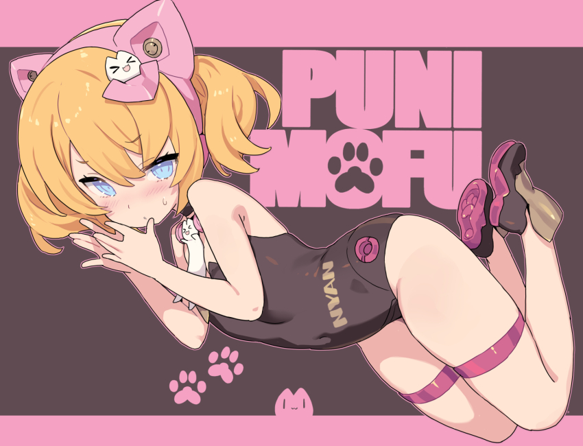 1girl animal_ear_hairband animal_ears bare_shoulders black_choker black_leotard black_shoes blade_(galaxist) blonde_hair blush cat_ears cat_hair_ornament choker closed_mouth commentary_request covered_navel embarrassed fake_animal_ears full_body hair_between_eyes hair_ornament hairband hand_to_own_mouth hands_up highres leotard letterboxed looking_at_viewer medium_hair megami_device paw_print_soles pink_hairband puni_mofu_mao shoes short_twintails solo strapless strapless_leotard sweat thighhighs twintails white_thighhighs