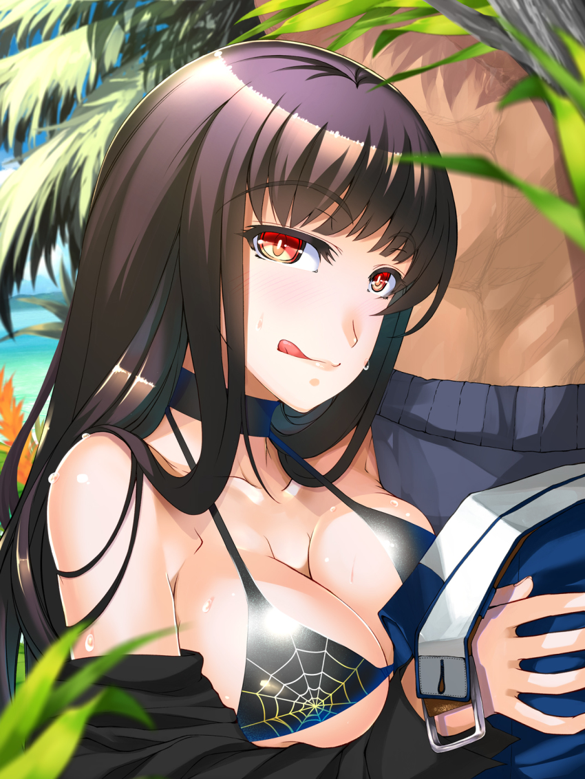 1girl atlach-nacha bare_shoulders belt bikini bikini_top_only black_hair blush breast_press breasts choker cleavage clothes_pull doomblade eyebrows highres hirasaka_hatsune large_breasts long_hair looking_at_viewer naughty_face open_clothes outdoors palm_tree pants pants_pull red_eyes smile solo_focus standing sweat swimsuit tree undressing